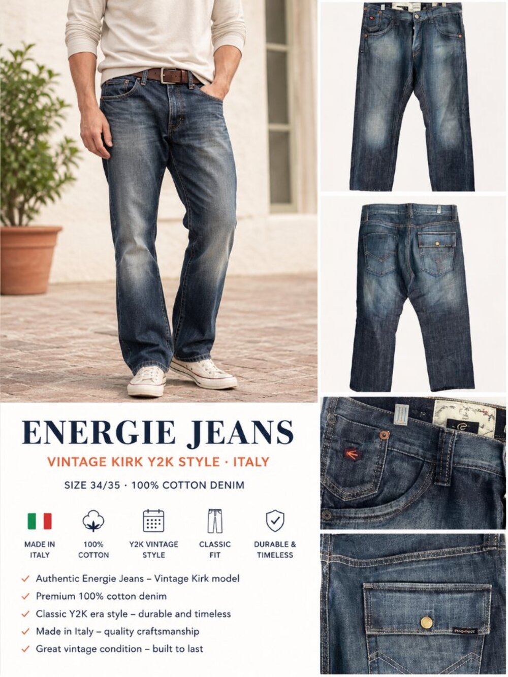 Energie Kirk Jeans Mens 34 35 Made In Italy Y2K Vintage 100% Cotton Denim Blue
